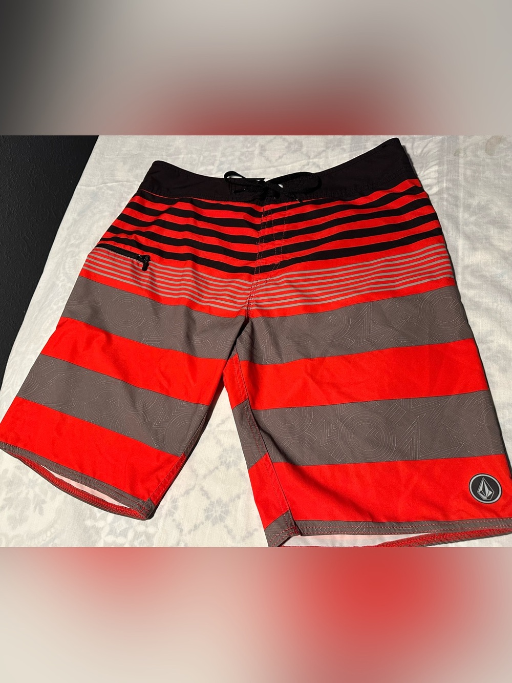 Volcom  4 way stretch Red and Gray Striped Board Shorts size 36